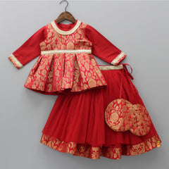 Pre Order: Brocade Embroidered Red Box Pleated Top And Layered Lehenga With Matching Diagonal Gota Lace Work Dupatta