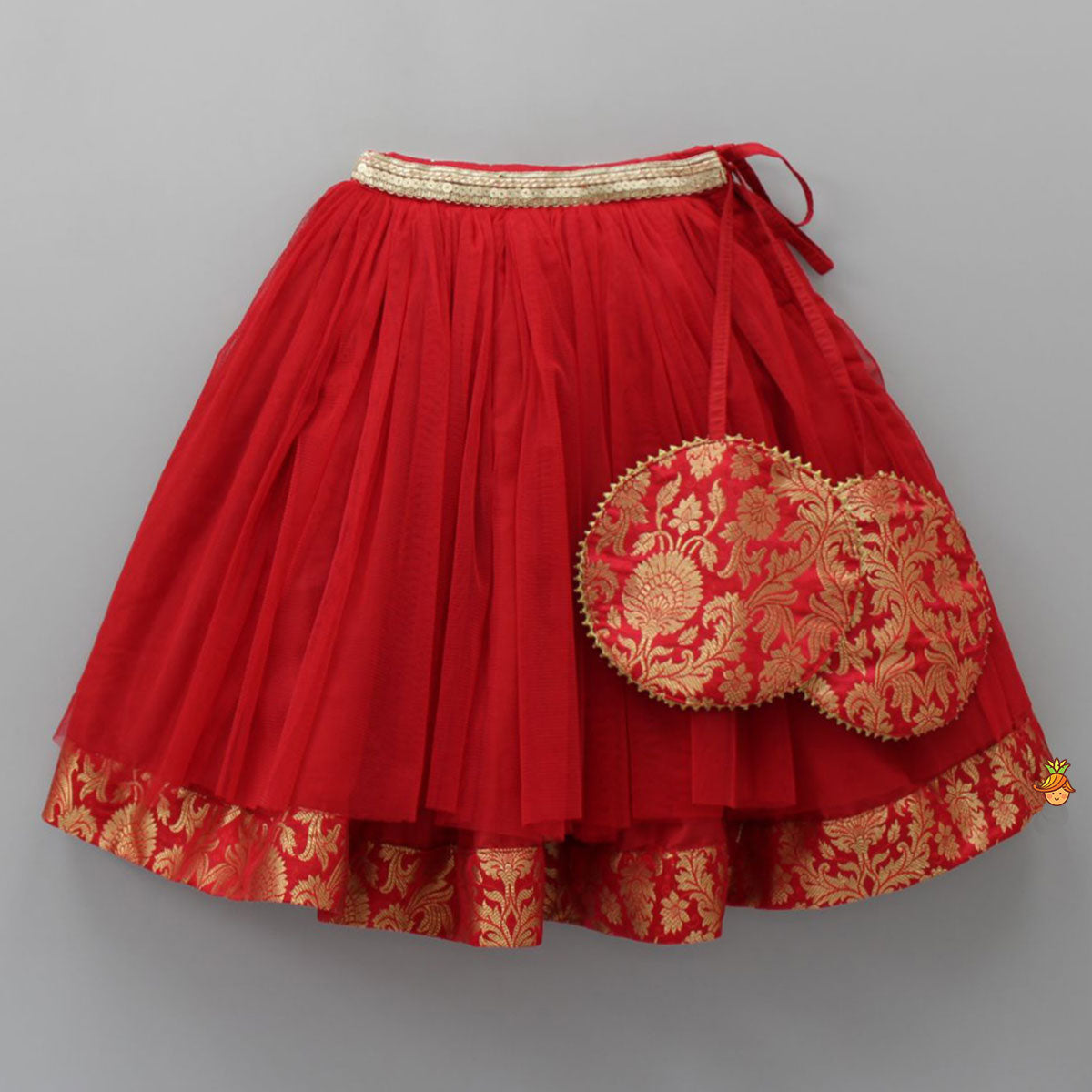 Brocade Embroidered Red Box Pleated Top And Layered Lehenga With Matching Diagonal Gota Lace Work Dupatta