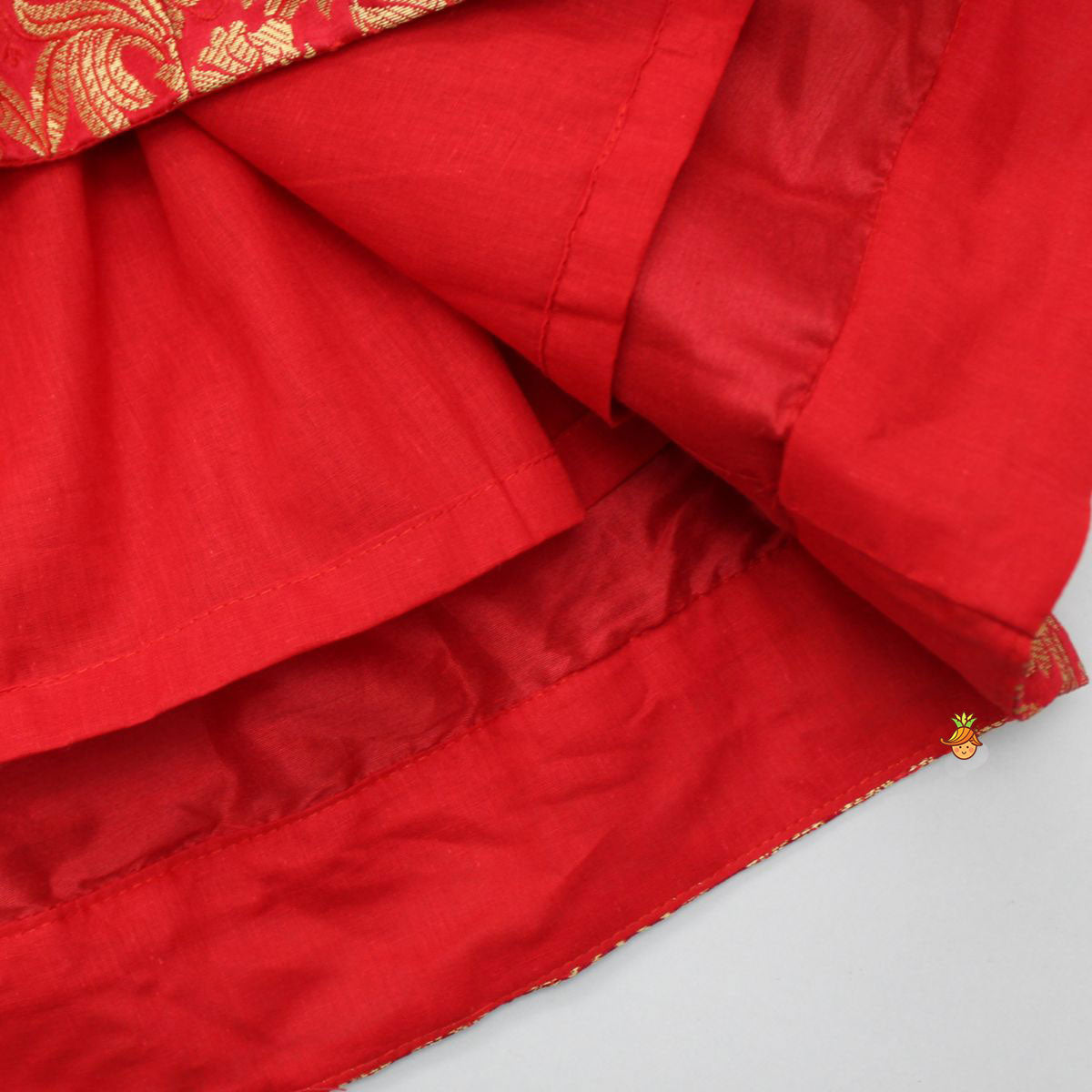 Brocade Embroidered Red Box Pleated Top And Layered Lehenga With Matching Diagonal Gota Lace Work Dupatta