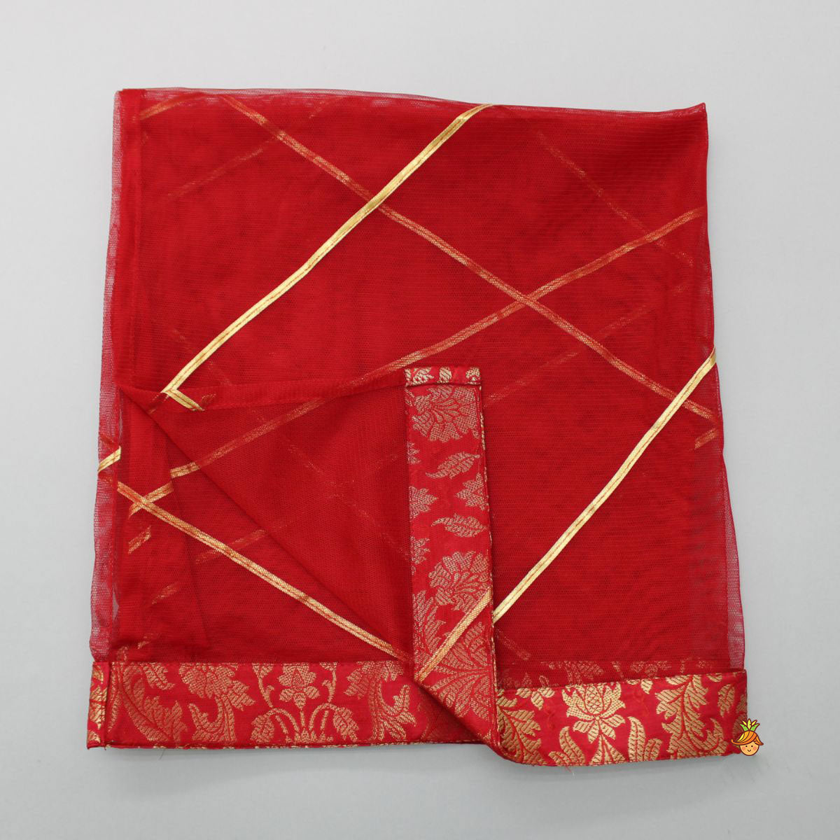 Brocade Embroidered Red Box Pleated Top And Layered Lehenga With Matching Diagonal Gota Lace Work Dupatta