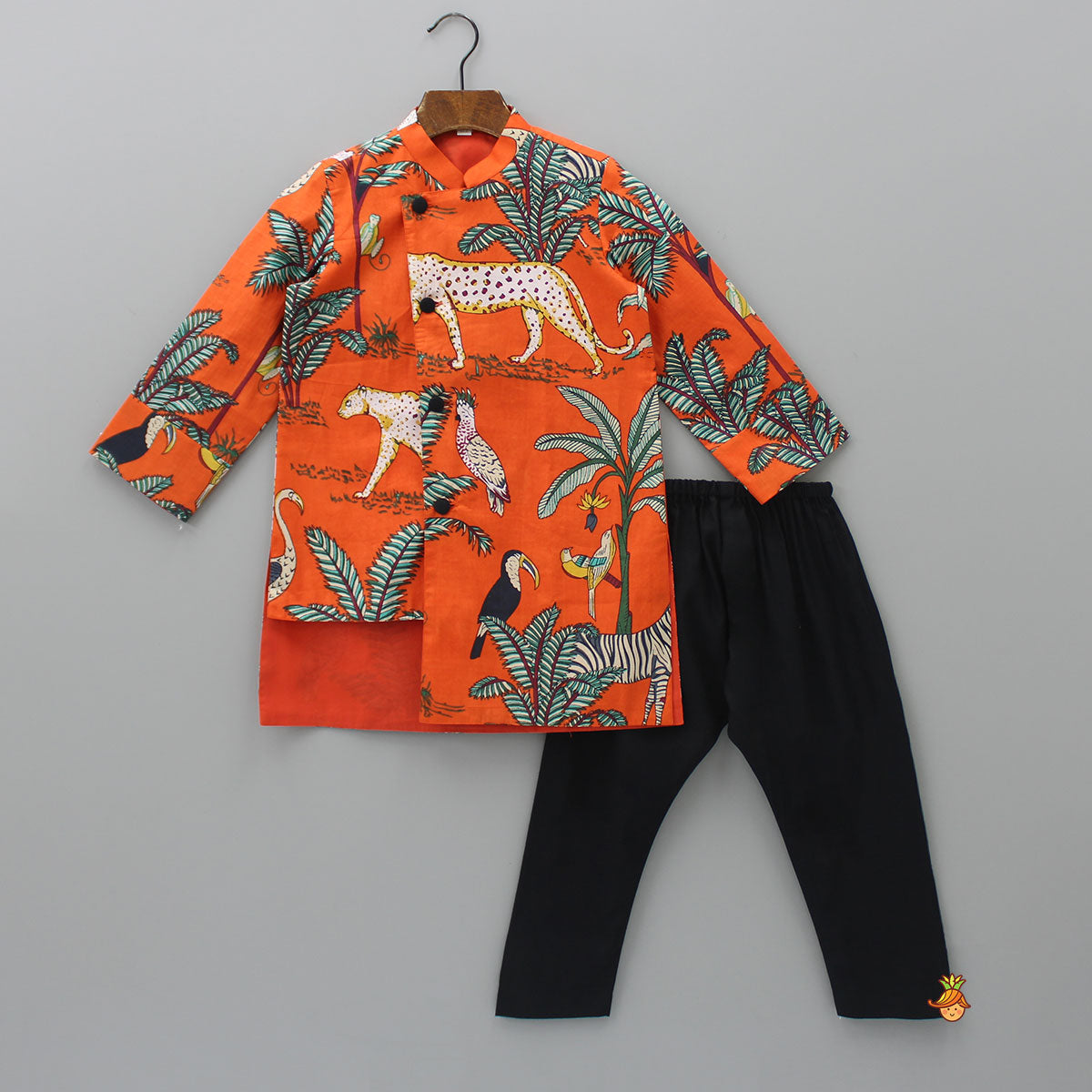 Pre Order: Jungle Theme Printed Orange Asymmetric Kurta And Black Pyjama
