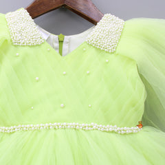 Pre Order: Pleated Yoke V Neck Light Lime Green Dress