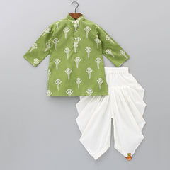 Cotton Mehendi Green Kurta With Sleeveless Open Jacket And White Pleated Dhoti