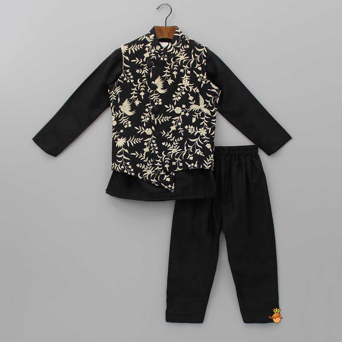 Silk Black Ethnic Kurta With Asymmetric Front Open Bird Embroidered Jacket And Pyjama