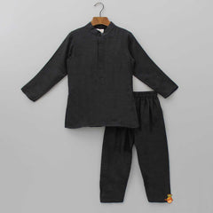 Pre Order: Silk Black Ethnic Kurta With Asymmetric Front Open Bird Embroidered Jacket And Pyjama