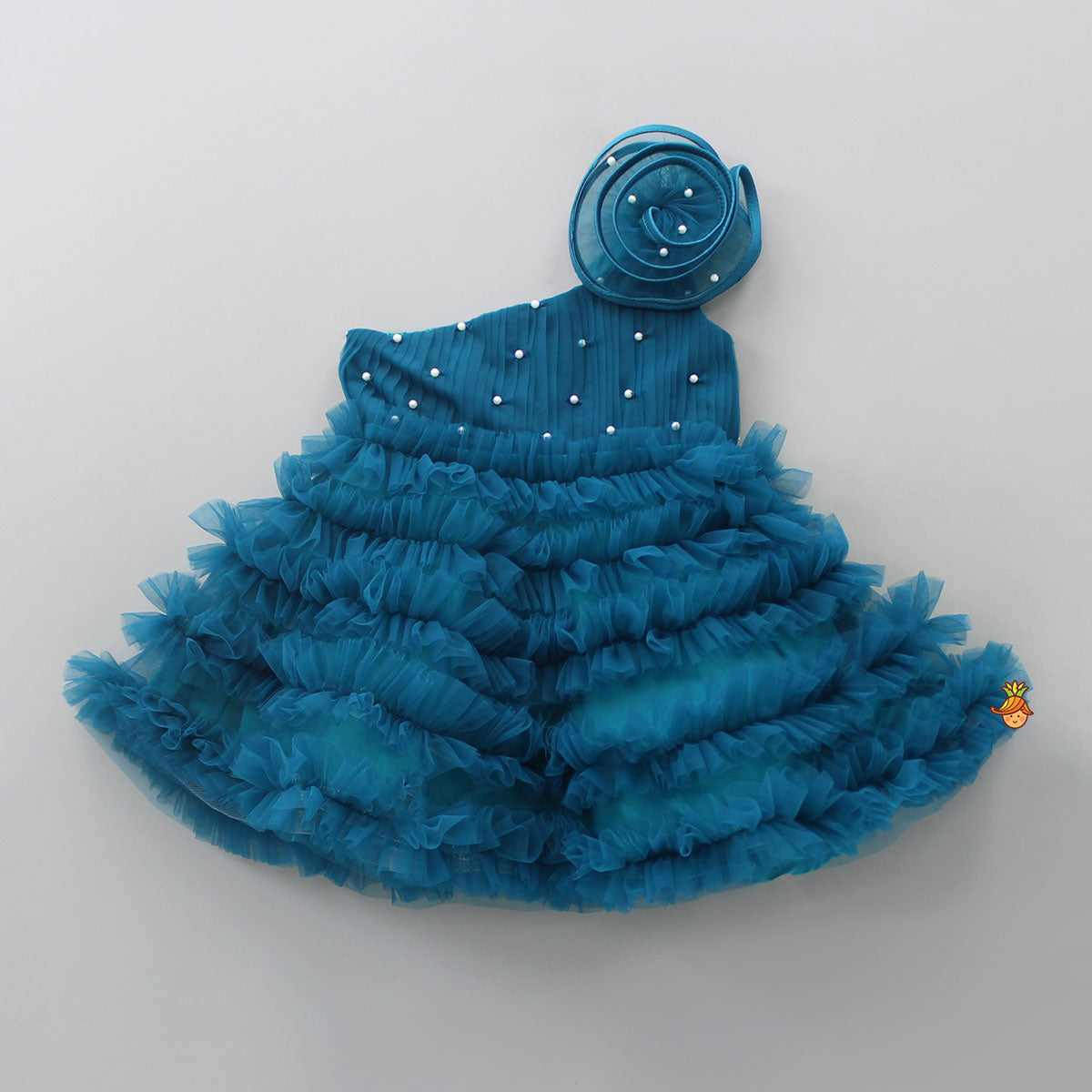 Swirl Ruffled Teal Blue One Shoulder Dress