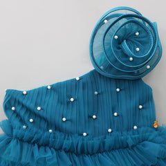 Swirl Ruffled Teal Blue One Shoulder Dress