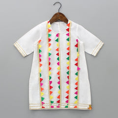 Pre Order: Round Neck Colourful Triangles Lace Detail White Kurti And Pant