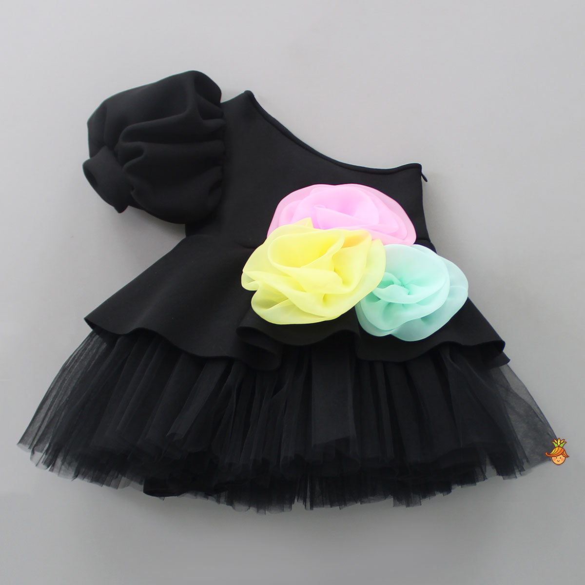 Pre Order: Colourful Flowers Adorned One Shoulder Black Neoprene Dress
