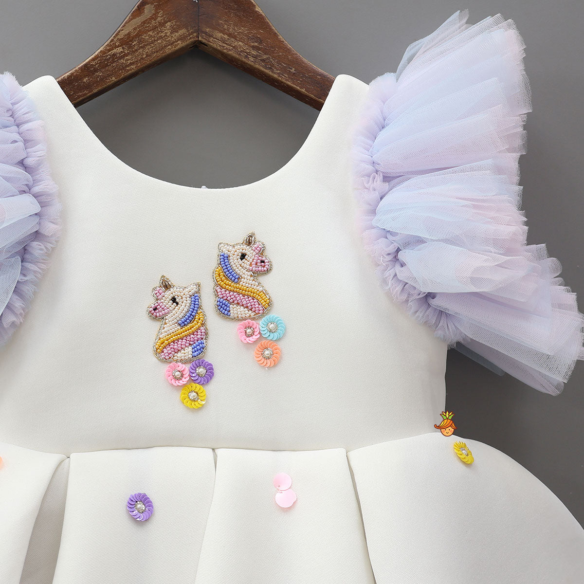 Unicorn Embroidered Yoke Neoprene White And Light Blue Dress