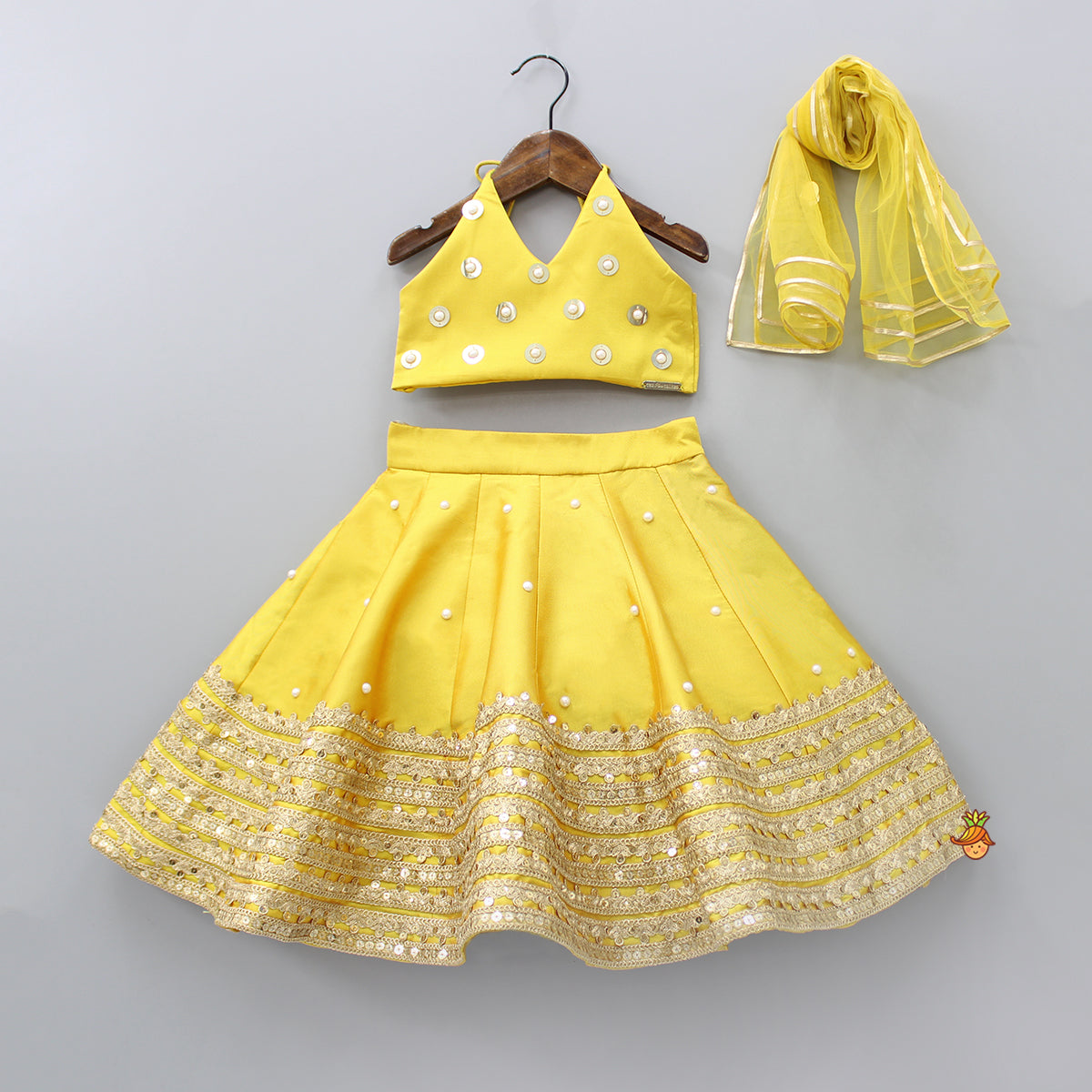 Pre Order: Open Back Halter Neck Mustard Yellow Top And Flared Lehenga With Gota Lace Detail Dupatta