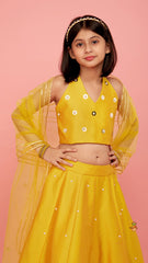 Pre Order: Open Back Halter Neck Mustard Yellow Top And Flared Lehenga With Gota Lace Detail Dupatta