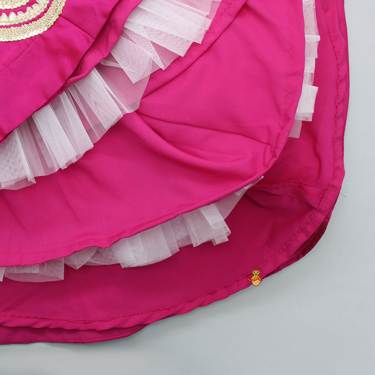 Pre Order: Gota Work Hot Pink Top  And Elegant Tassels Embellished Flared Lehenga With Net Dupatta