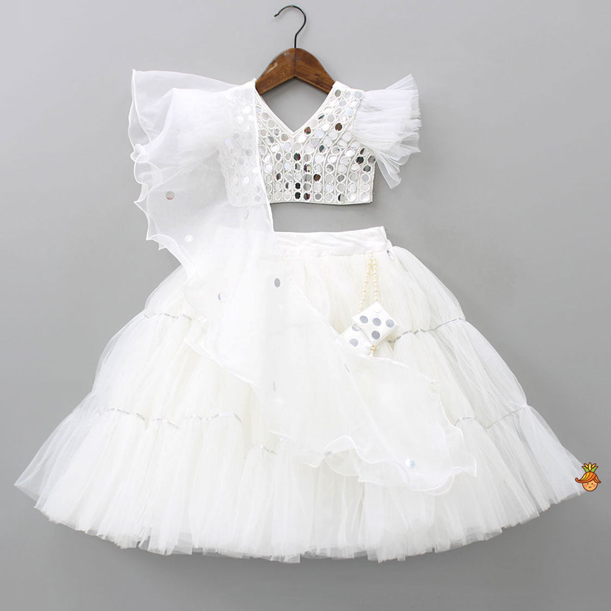 V Neck White Beaded Top And Pearly Tassels Enhanced Tiered Lehenga With Organza Dupatta