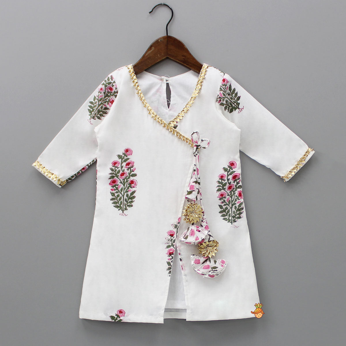 Angarkha Style Front Slit White Kurti And Multicolour Gota Lace Work Sharara With Fringes Dupatta