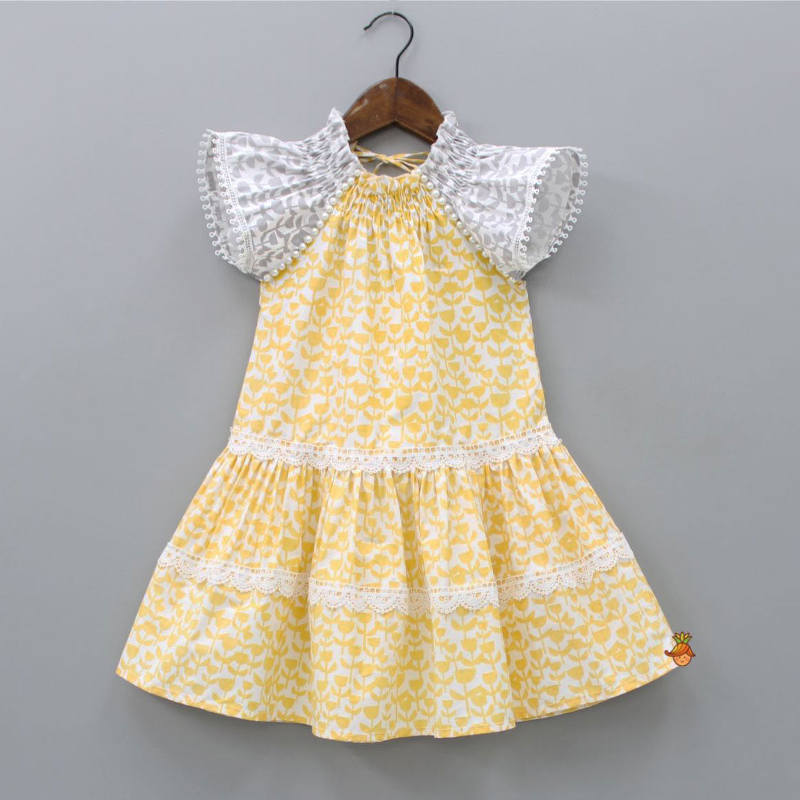 Flat Back Pearls Embellished Yellow And Grey High Neck Dress