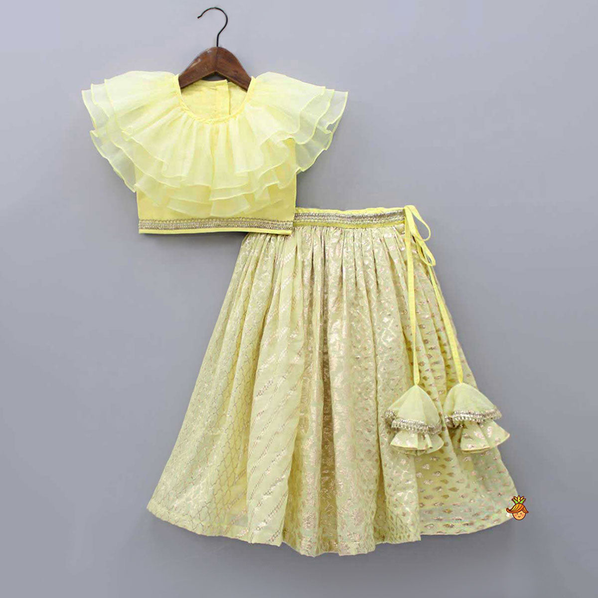Organza Triple Layered Flap Pastel Yellow Top And Zari Embroidered Lehenga