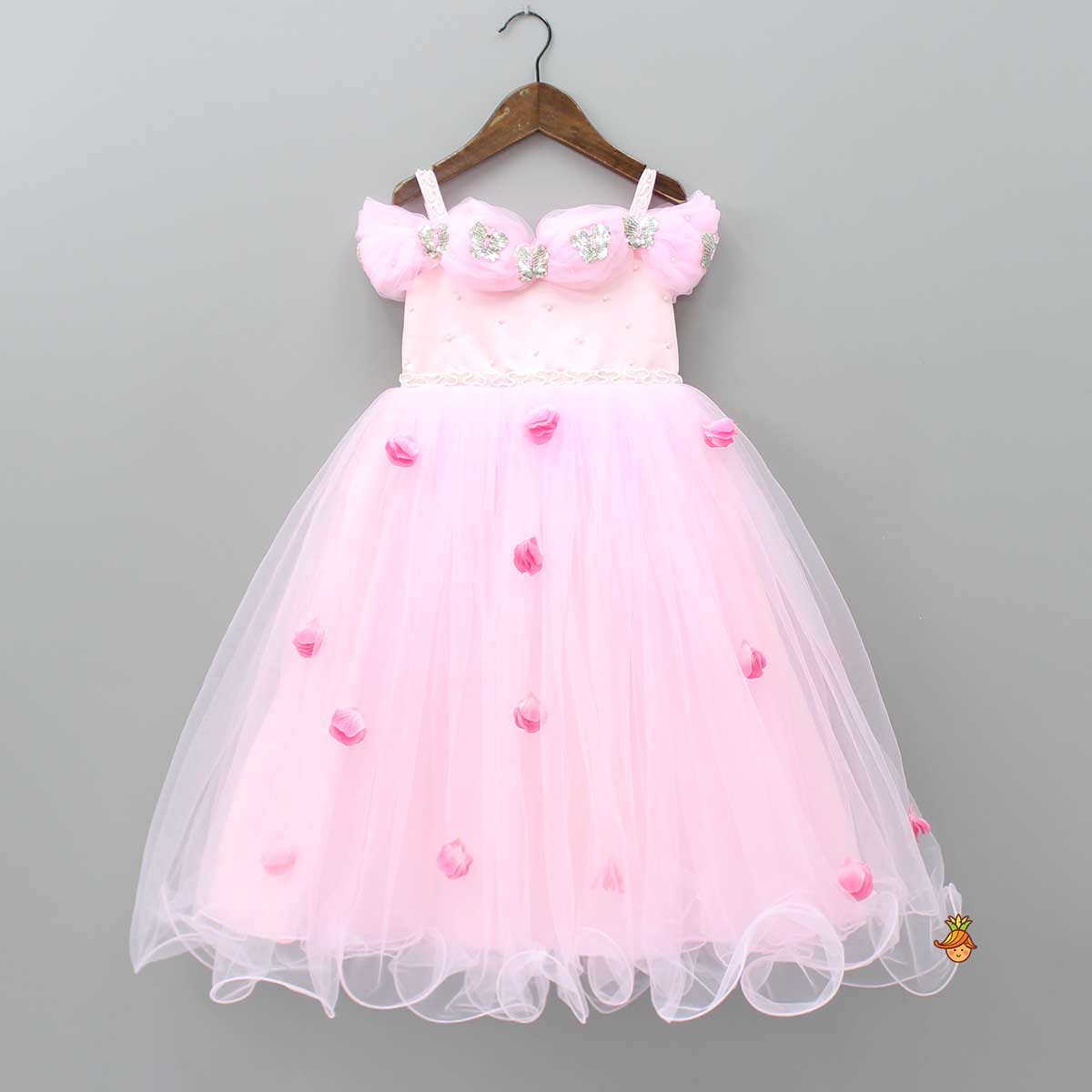 Butterfly And Pearls Enhanced Yoke Floral Baby Pink Gown With Detachable Drape Bow