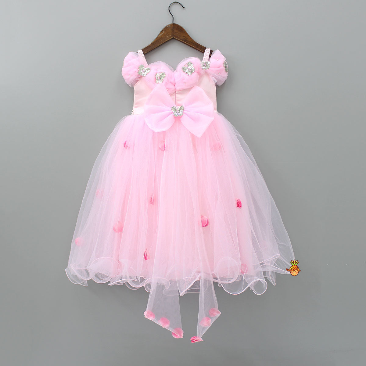 Butterfly And Pearls Enhanced Yoke Floral Baby Pink Gown With Detachable Drape Bow