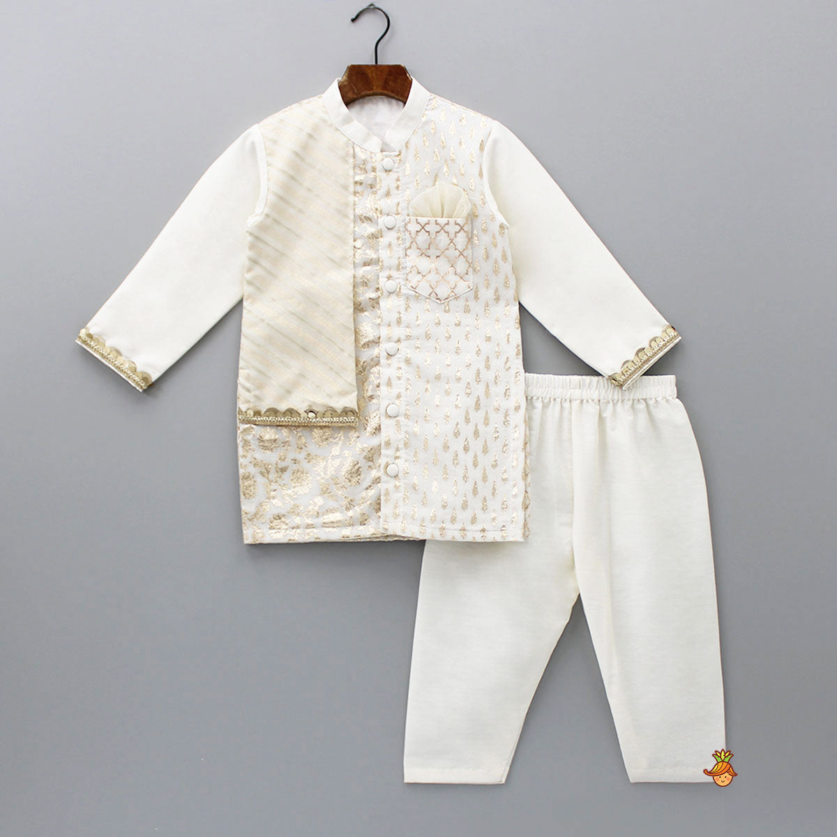 Patch Pocket Detail Chanderi Embroidered Cream Attached Flap Kurta And Pyjama