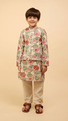 Pre Order: Floral Multicolour Ethnic Kurta With Diagonal Striped Gota Lace Work Front Open Jacket And Off White Pyjama
