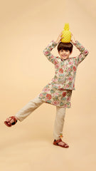 Pre Order: Floral Multicolour Ethnic Kurta With Diagonal Striped Gota Lace Work Front Open Jacket And Off White Pyjama
