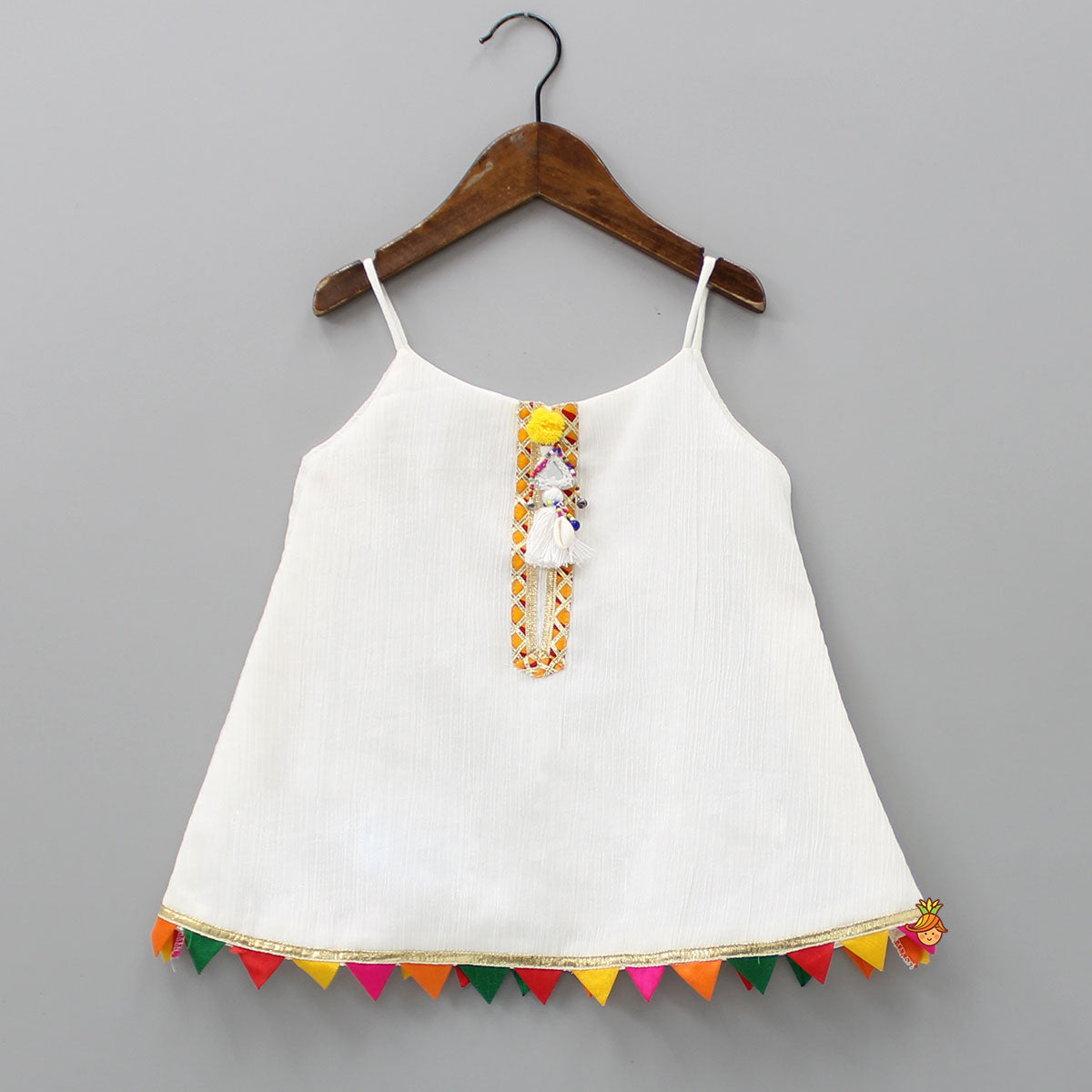 Pre Order: Colourful Triangles Lace Enhanced Flared Off White Top And