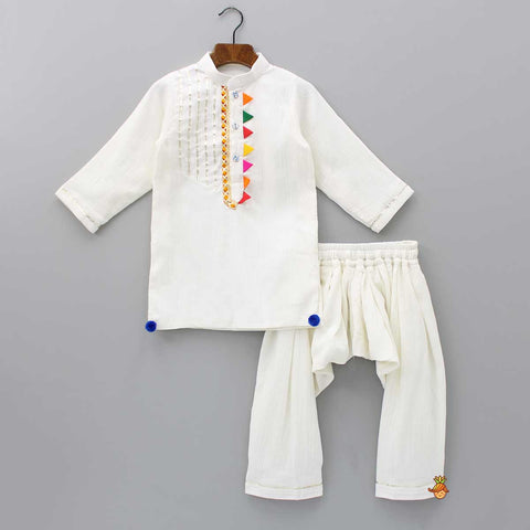 Pre Order: Colourful Triangle Lace Work Off White Kurta And Pleated Patiala