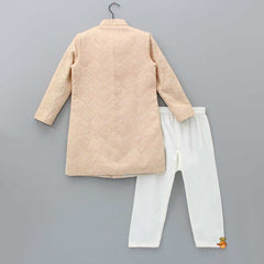 Pre Order: Pocket Detail Front Open Embroidered Peach Sherwani And Off White Pyjama