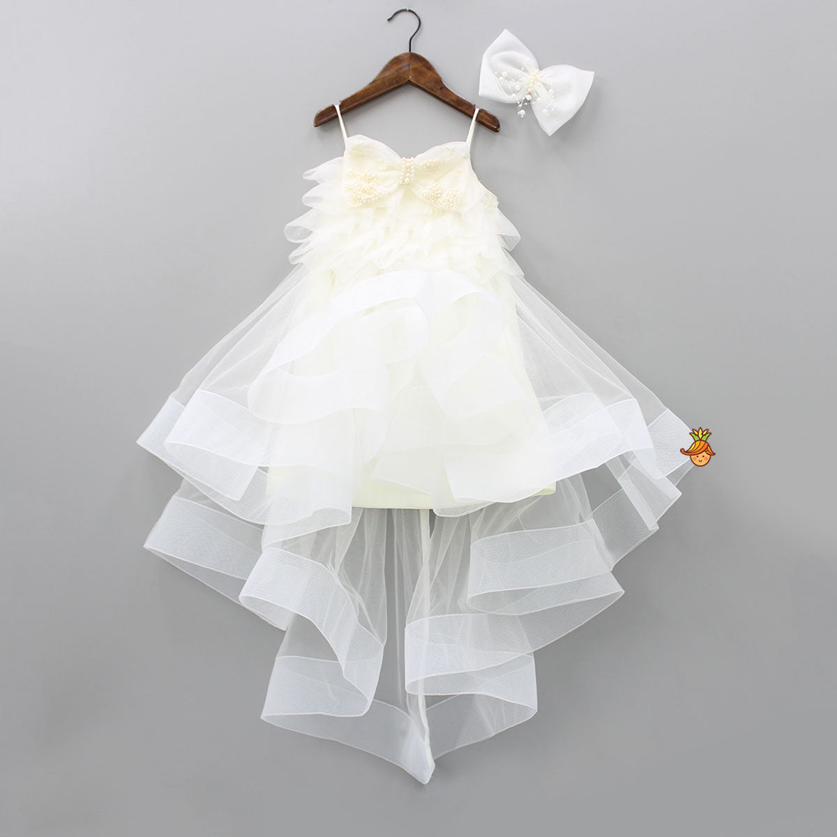 Pre Order: Stylish Off White Trail Dress With Bowie Pearl String Hair Clip