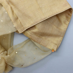 Pre Order: Short Sleeves Beige Tie Back Top And Brocade Lehenga With Organza Dots Dupatta