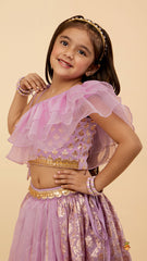 Pre Order: Elegant Pastel Purple Embroidered One Shoulder Top With Lehenga And Gota Lace Detail Dupatta