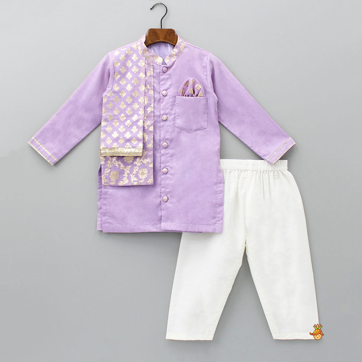 Zari Embroidered Front Open Pastel Purple Flap Kurta And Off White Pyjama