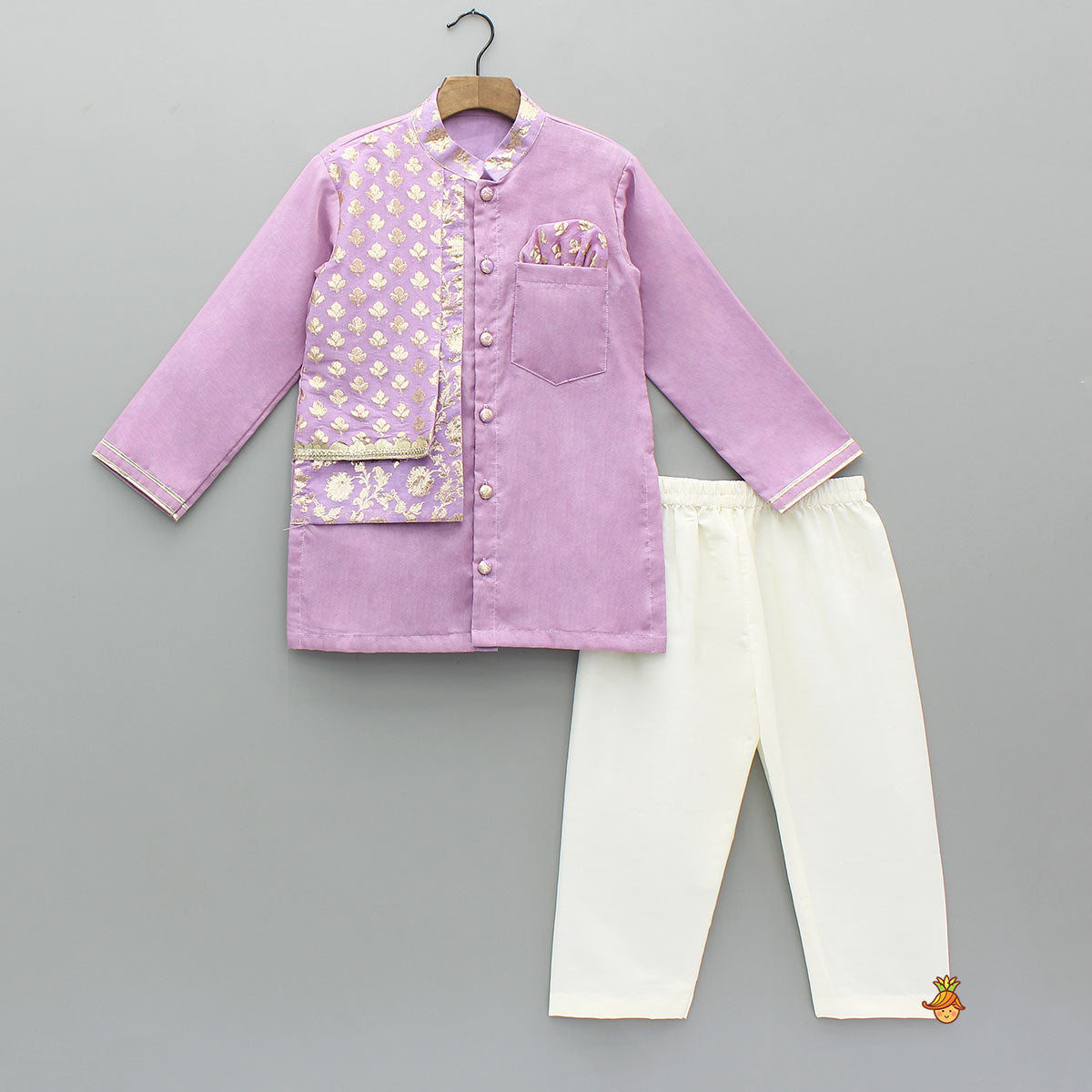 Zari Embroidered Front Open Flap Kurta And Off White Pyjama