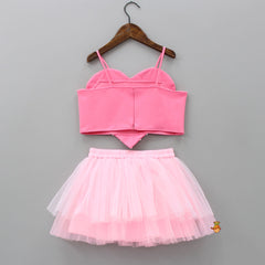 Pre Order: Neoprene Heart Shaped Fancy Flamingo Pink Crop Top And Layered Skirt
