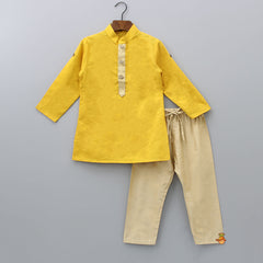 Pre Order: Brocade Placket Mustard Kurta With Intricate Gota Work Jacket And Pyjama