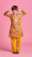 Pre Order: Mustard Mandarin Collar Printed Kurta And Pyjama