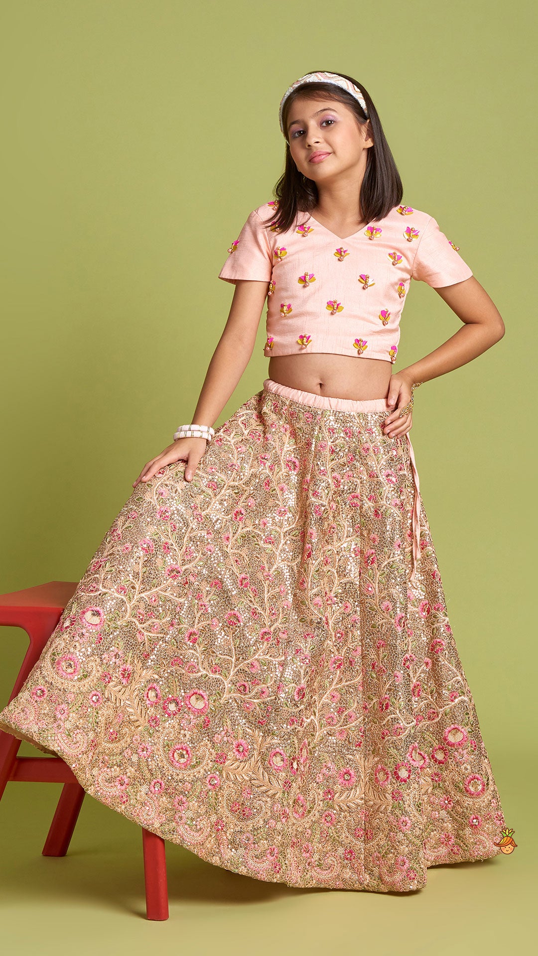 Pre Order: Peach Cap Sleeves Top And Heavy Embroidered Lehenga