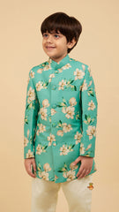 Pre Order: Turquoise Green Floral Mandarin Collar Sherwani And Off White Churidar