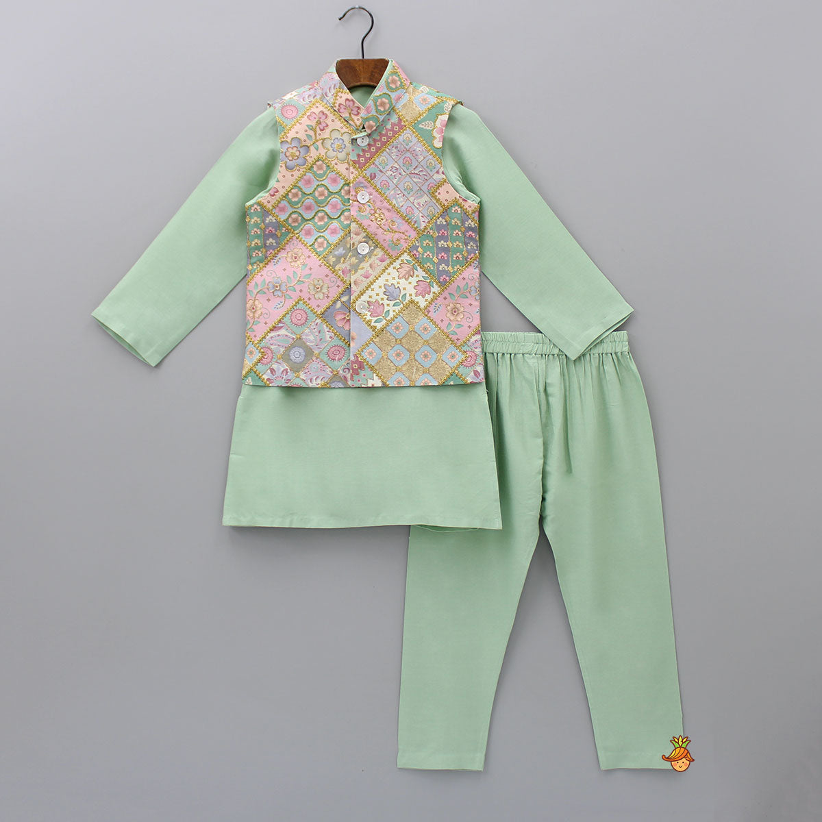 Sage Green Kurta With Cotton Silk Embroidered Jacket And Pyjama
