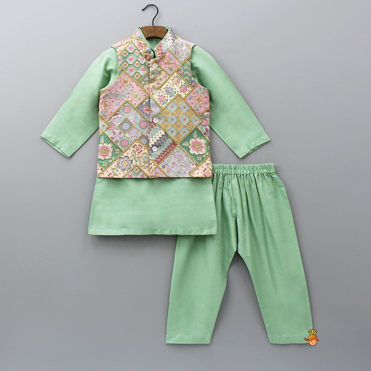 Green Kurta With Cotton Silk Embroidered Jacket And Pyjama