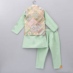 Pre Order: Sage Green Kurta With Cotton Silk Embroidered Jacket And Pyjama