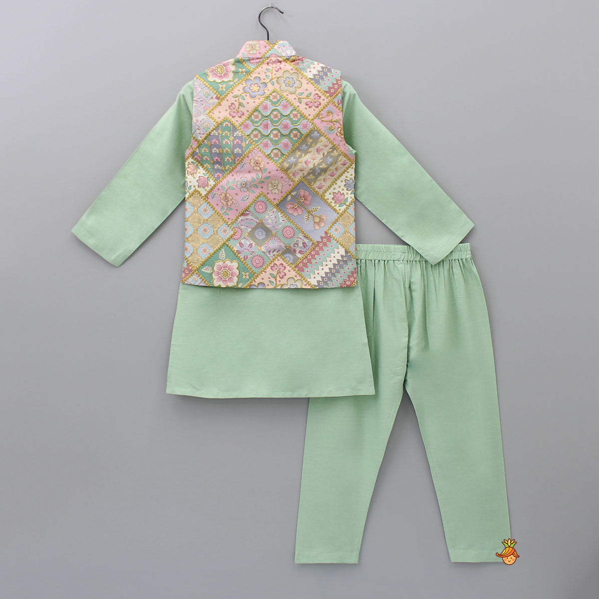 Sage Green Kurta With Cotton Silk Embroidered Jacket And Pyjama