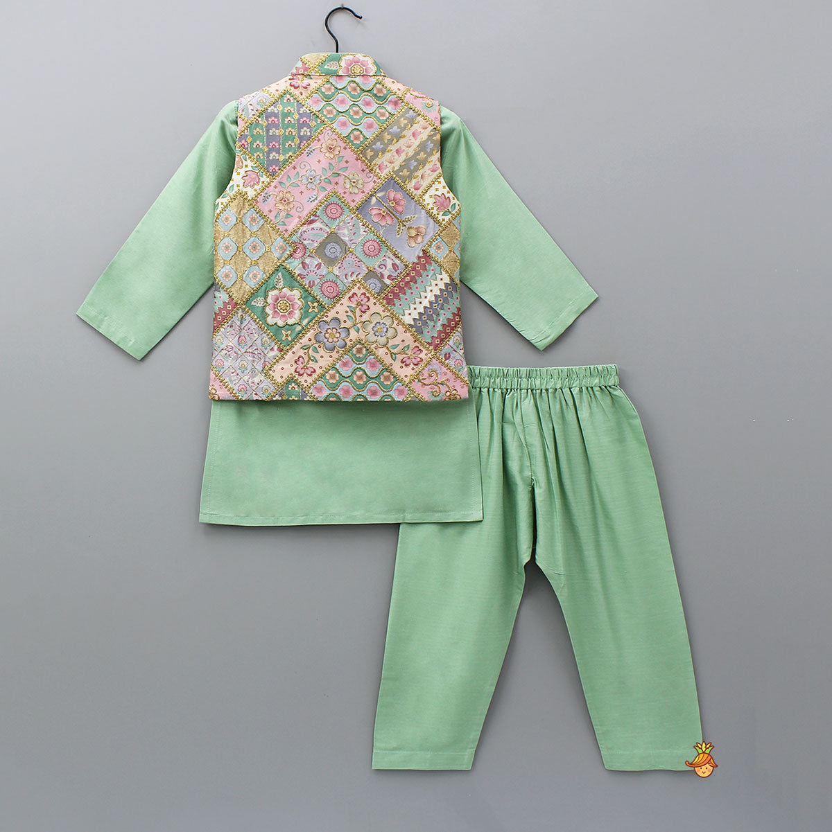 Green Kurta With Cotton Silk Embroidered Jacket And Pyjama