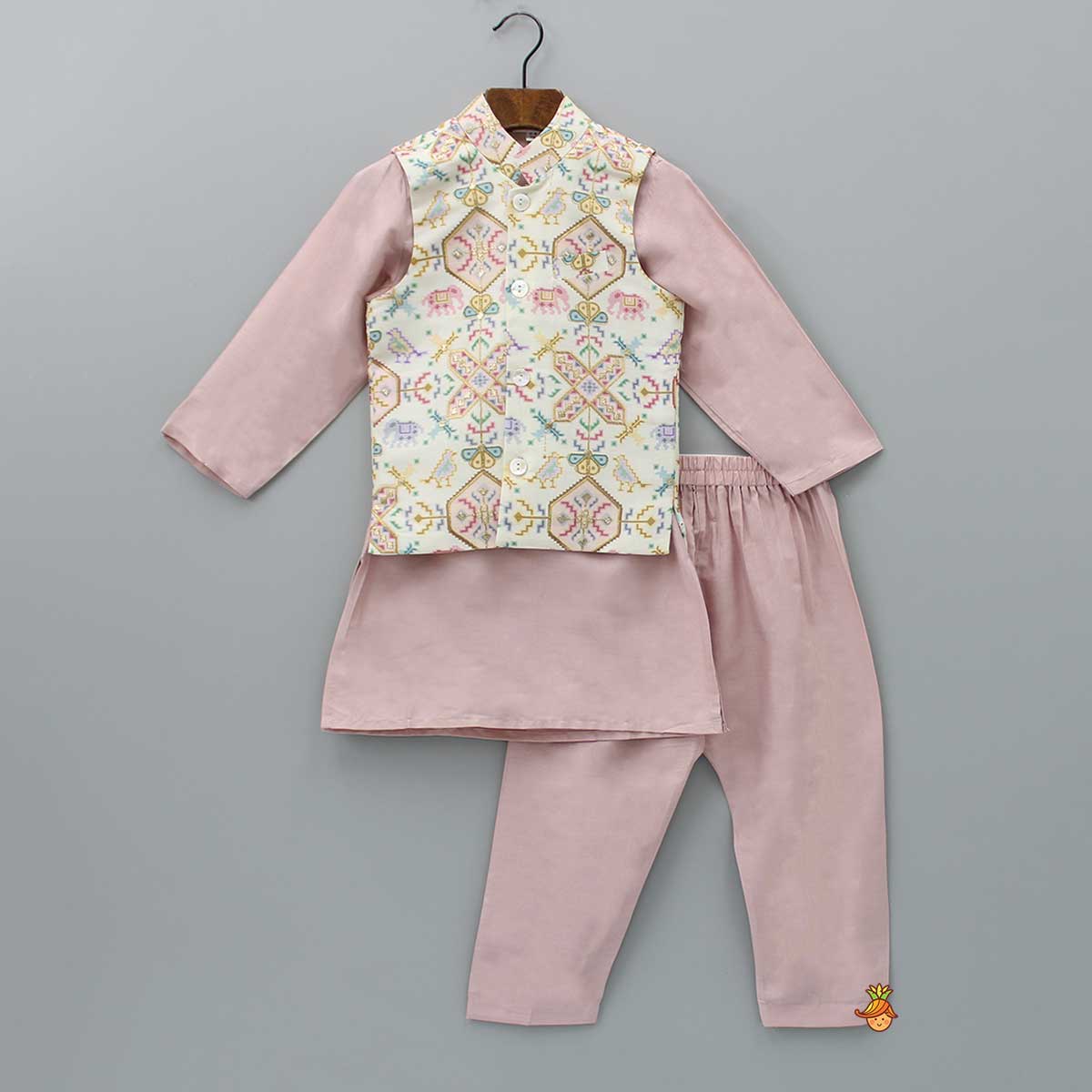 Pre Order: Blush Pink Kurta With Cotton Silk Embroidered Jacket And Pyjama