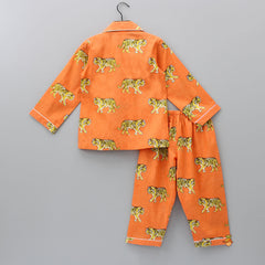 Pre Order: Tiger Printed Orange Notch Collar Sleepwear