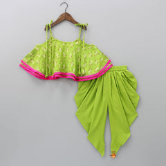 Green Floral Printed Lace Work Top And Dhoti With Matching Sling Bag