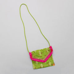 Green Floral Printed Lace Work Top And Dhoti With Matching Sling Bag