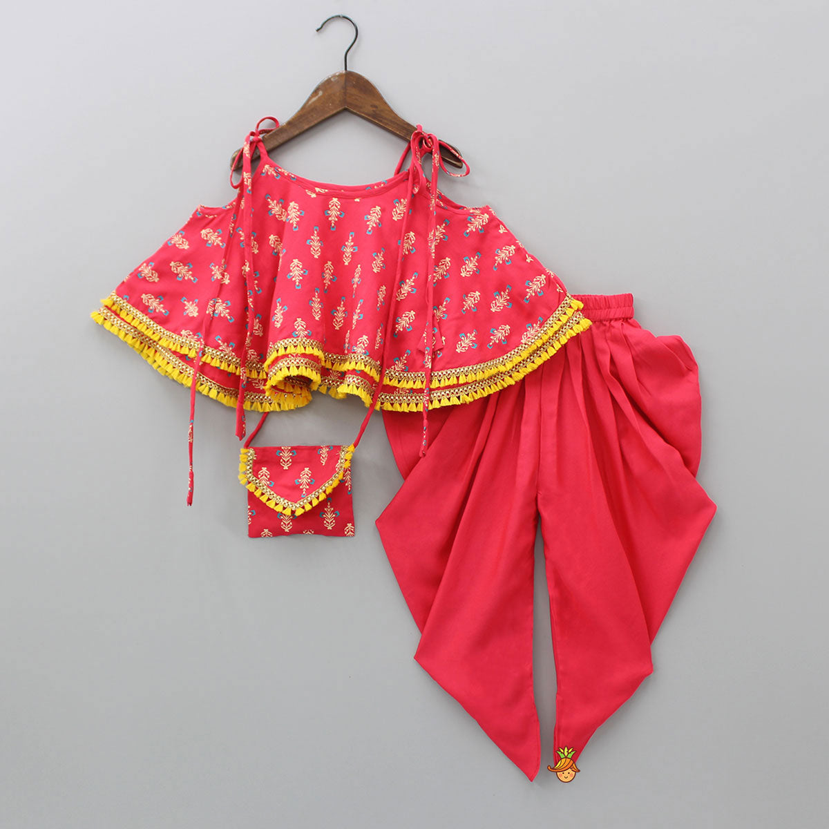 Red Fringes Lace Detail Flared Top And Pleated Dhoti With Matching Sling Bag
