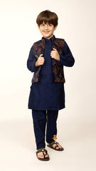 Pre Order: Mandarin Collar Navy Blue Kurta With Velvet Embroidered Open Jacket And Pyjama